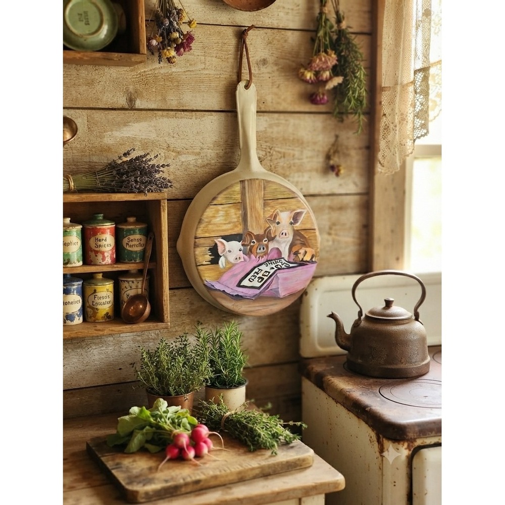 Vintage Hand Painted Folk Art Skillet Pig Farm Scene Signed Tines Wall Decor